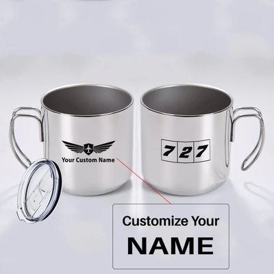 Flat Colourful 727 aviation design on portable mug, vacuum-insulated double-wall.
