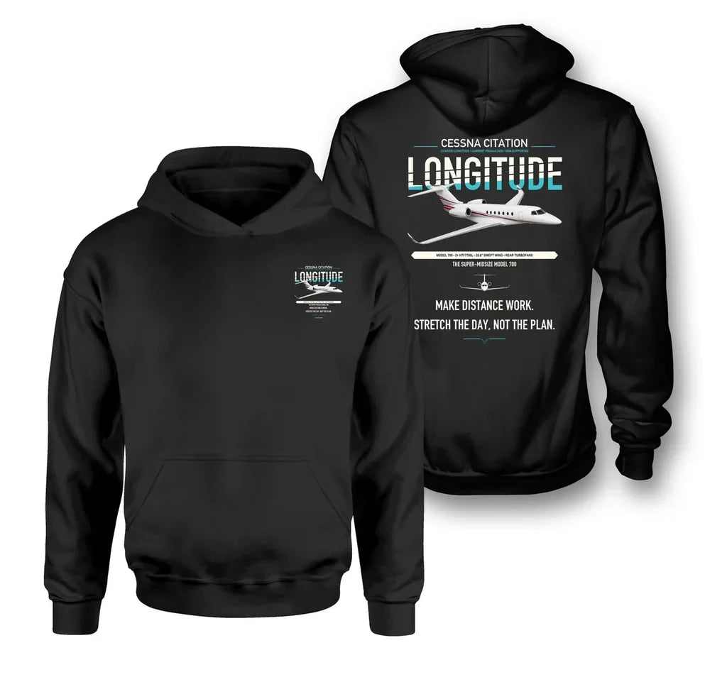 Cessna Citation Longitude design on black double-side hoodie, double-side print