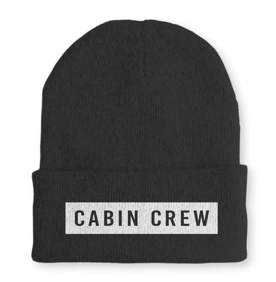 Cabin Crew Text Embroidered aviation embroidery on soft knit fabric beanie.
