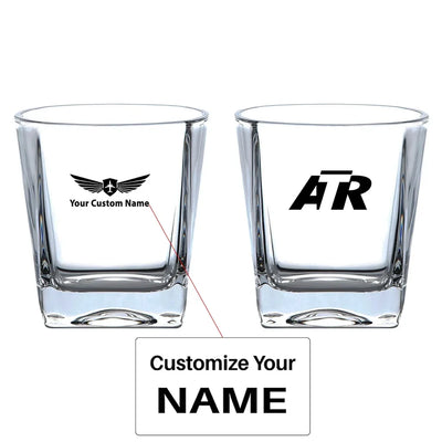 ATR & Text aviation design on whiskey glass, crystal-clear premium glassware.