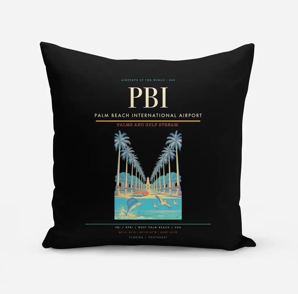 Palm Beach International Airport (PBI) design on black pillow