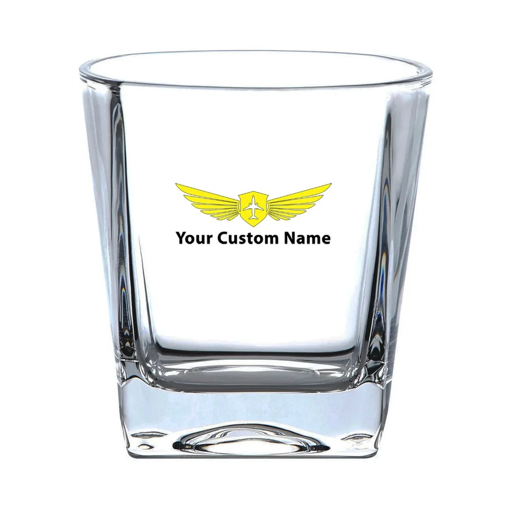 Custom Name "Badge 2" aviation design on whiskey glass, crystal-clear premium glassware.