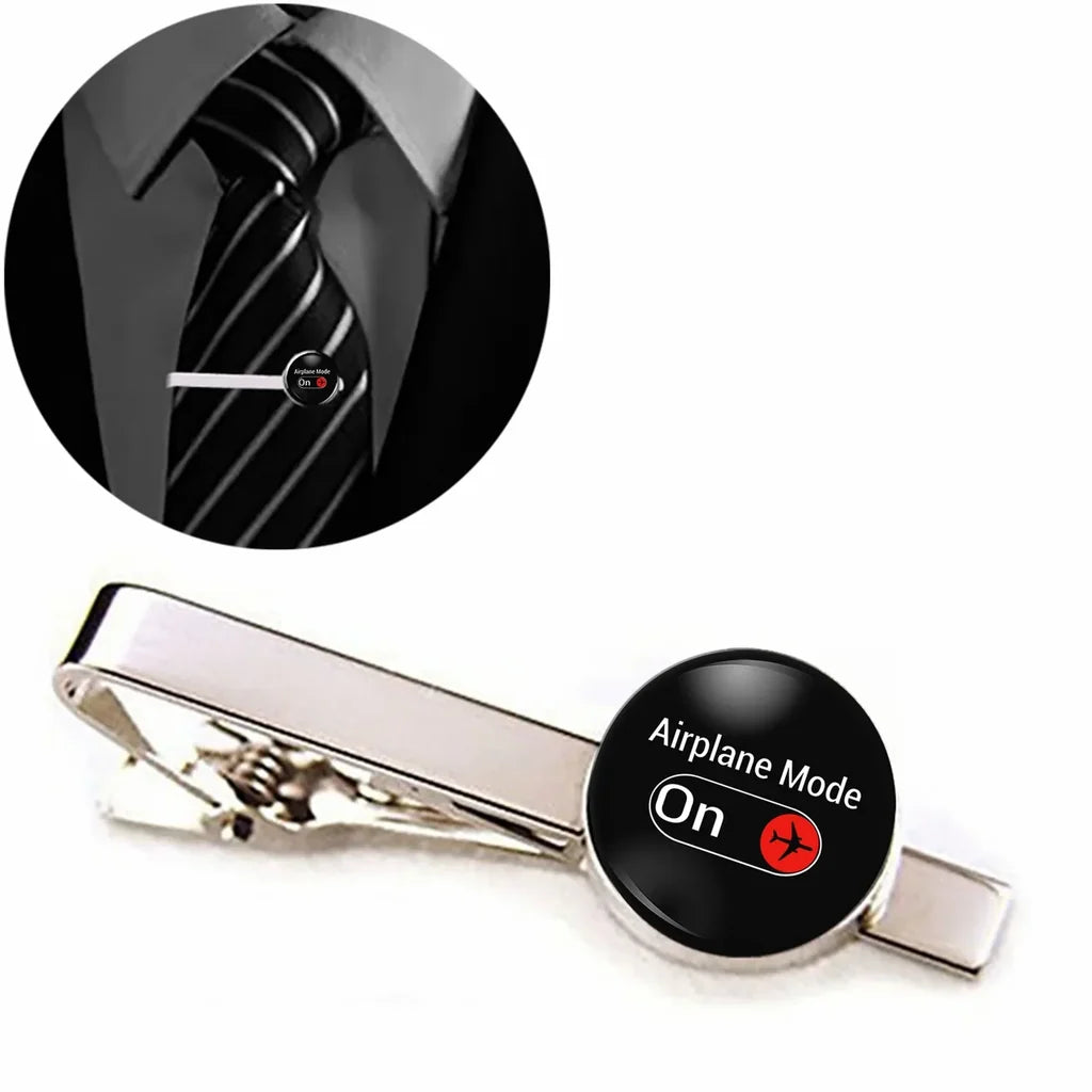 Airplane Mode On aviation tie clip, stainless steel body with engraved detail.