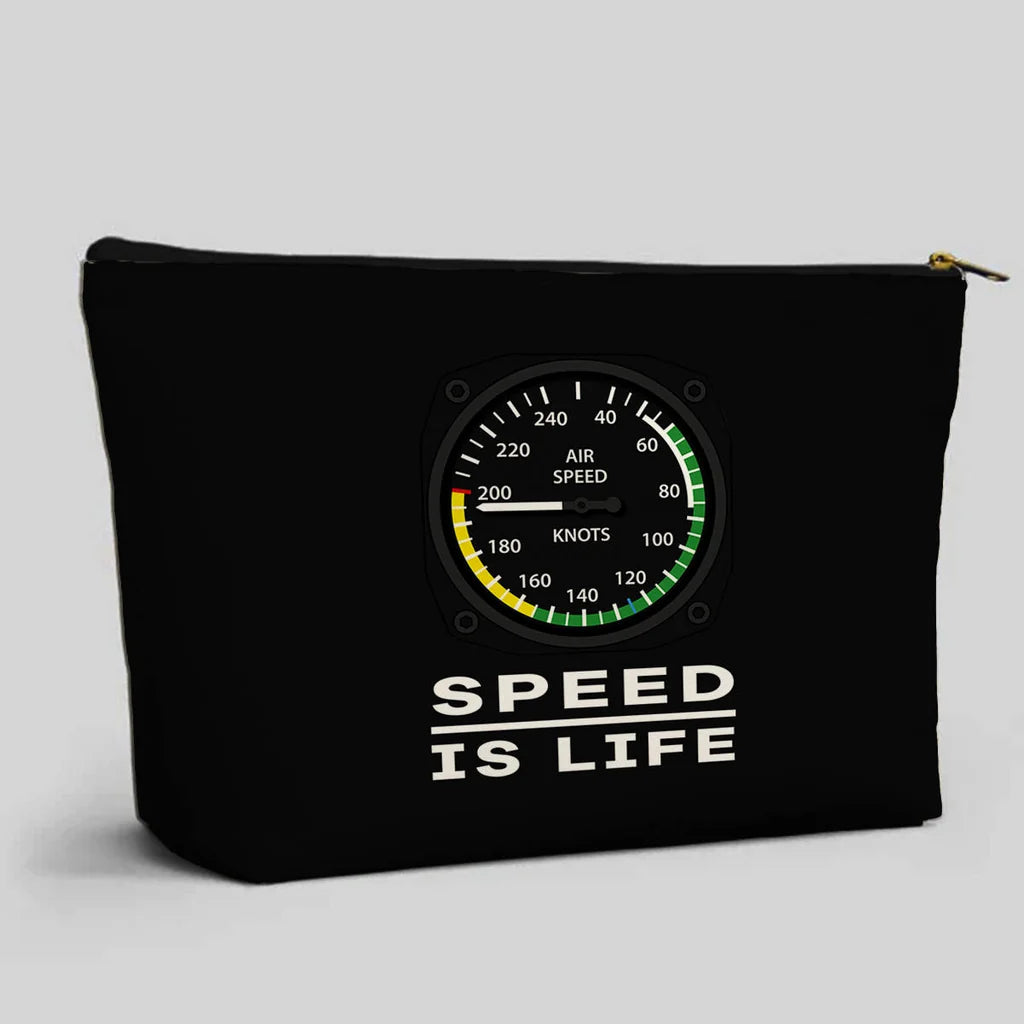 Speed Is Life aviation design zipper pouch, durable polyester construction.