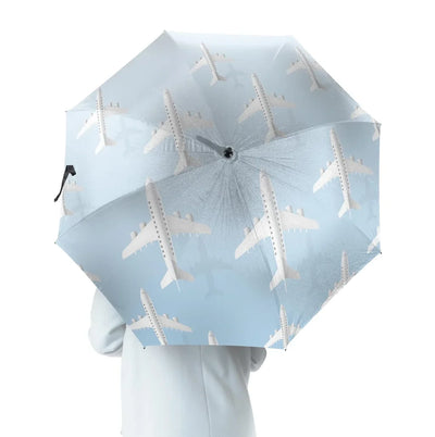 White Seamless Airplanes & Shadows aviation design on windproof polyester umbrella.