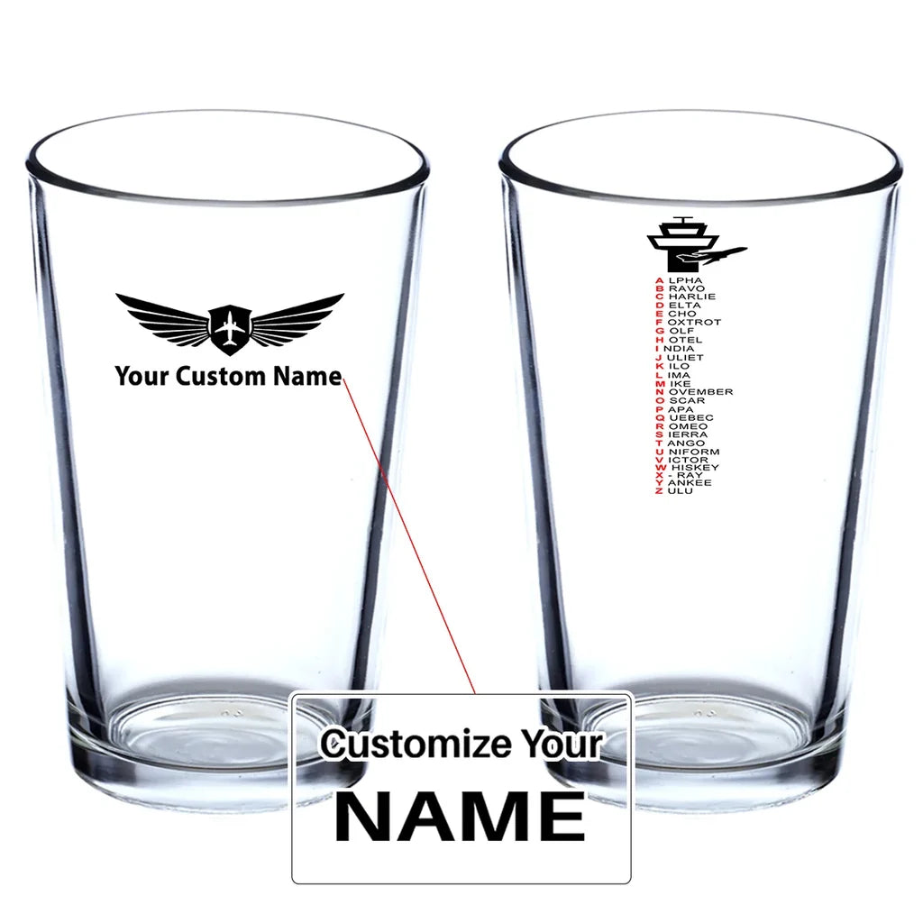 Aviation Alphabet Beer & aviation design on beer water glass, versatile drinkware.