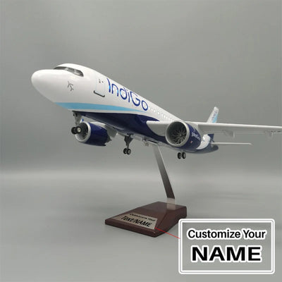 Side view of IndiGo Airlines Airbus A320neo Airplane Model (47CM) aviation LED model airplane in diecast metal with LED light.