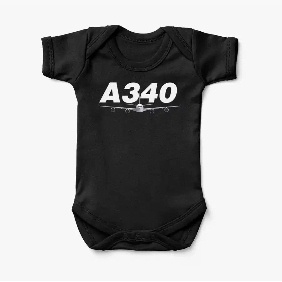 Super Airbus A340 aviation print on kids gentle cotton bodysuit.