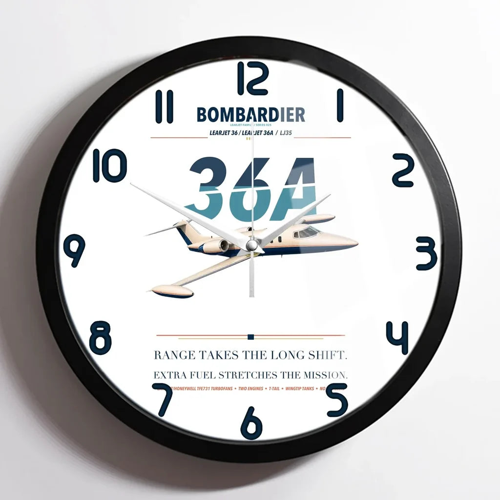 Bombardier Learjet 36A design on white framed wall clock
