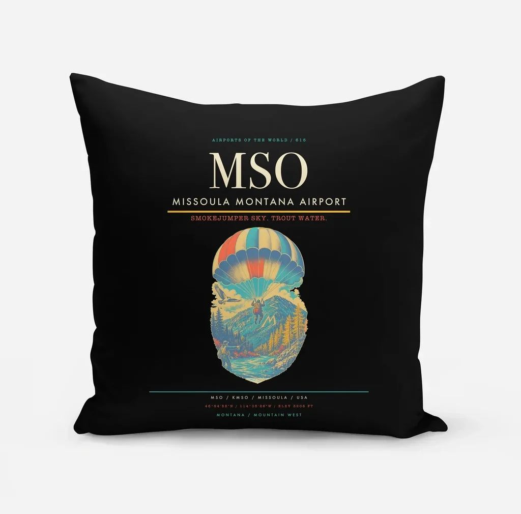 Missoula Montana Airport (MSO) design on black pillow