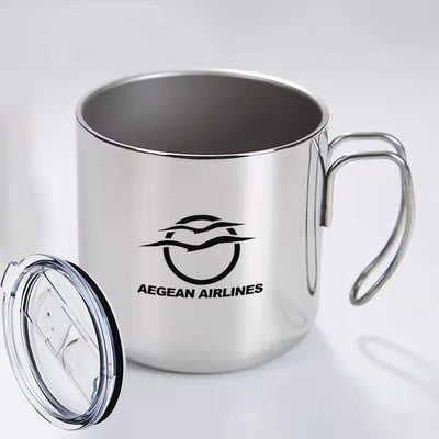 Aegean Airlines aviation design on portable mug, vacuum-insulated double-wall.