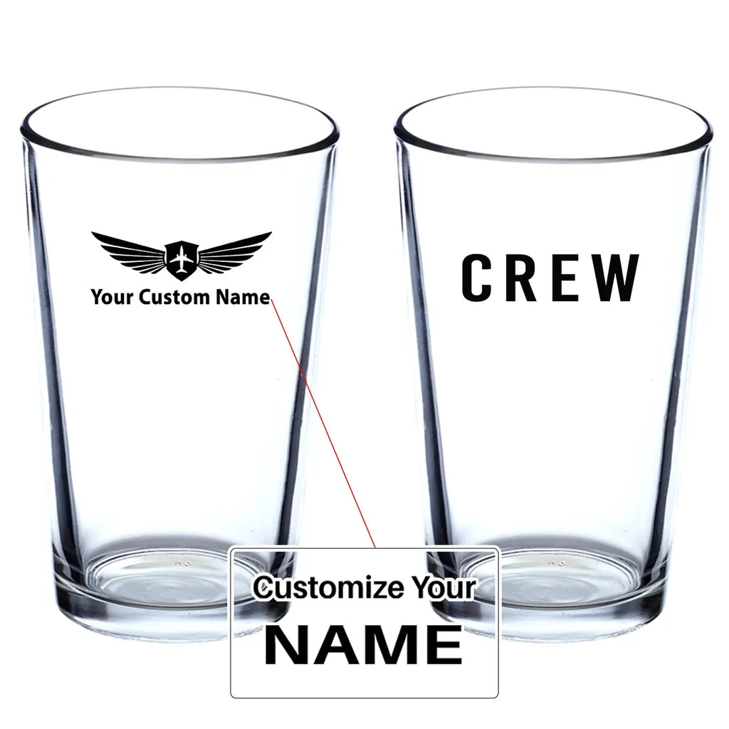 CREW & Text Beer & aviation design on beer water glass, versatile drinkware.