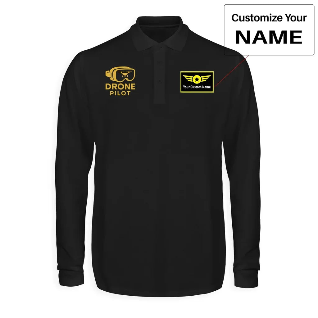 Googles & Drone Pilot aviation design printed on soft cotton long-sleeve polo shirt.