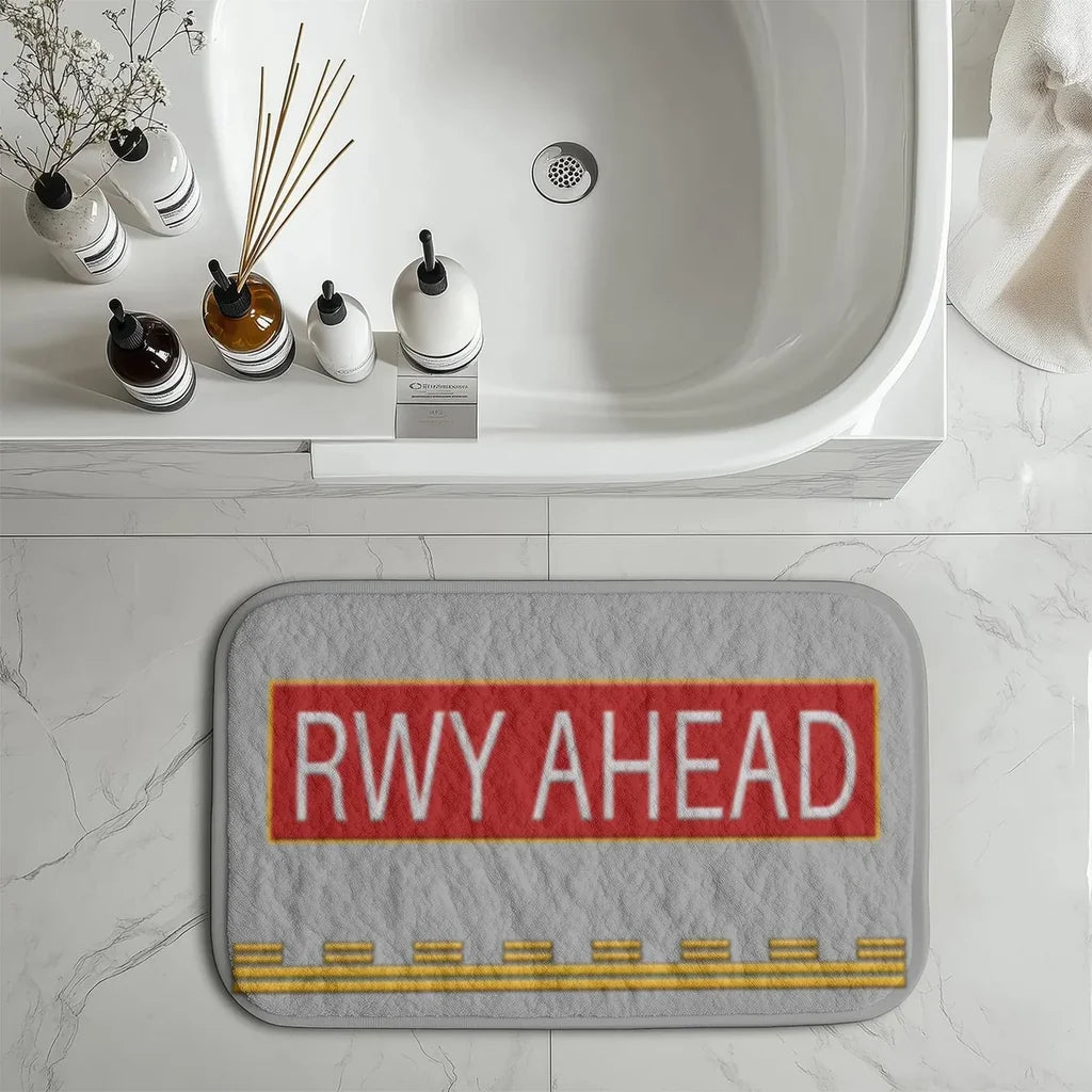 Runway Ahead aviation print bath mat, soft absorbent fabric with non-slip backing.