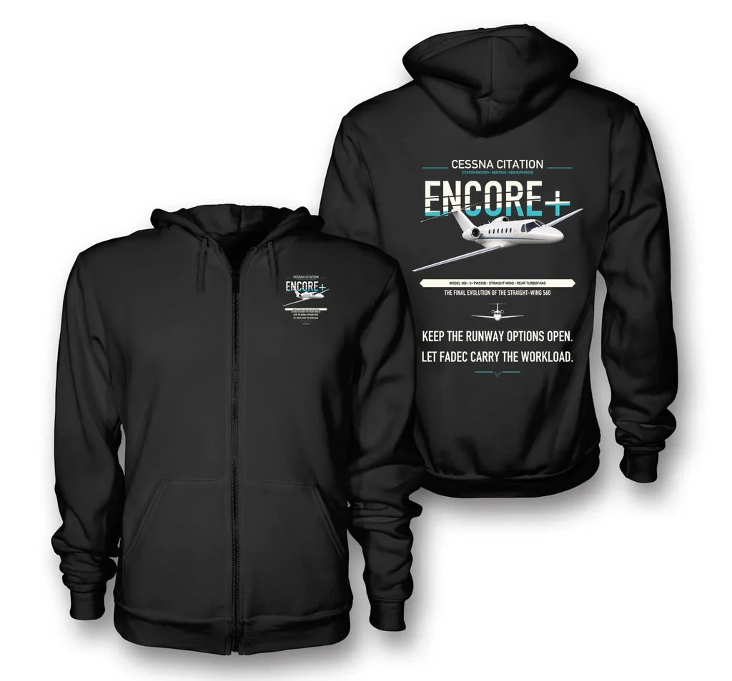 Cessna Citation Encore+ design on black premium zipped hoodie, double-side print