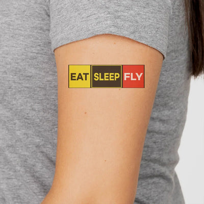 Eat Sleep Fly (Colourful) aviation temporary tattoo in skin-safe adhesive paper.