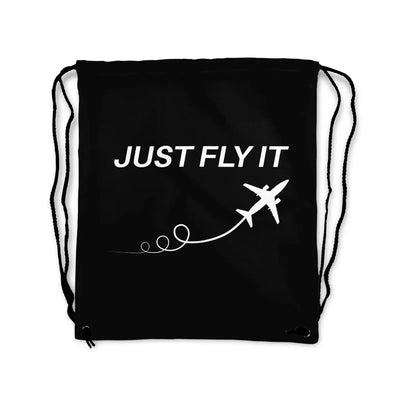 Just Fly It aviation design drawstring bag, lightweight polyester construction.