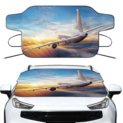 Airliner Jet Cruising over Clouds Car aviation design on car windshield cover.