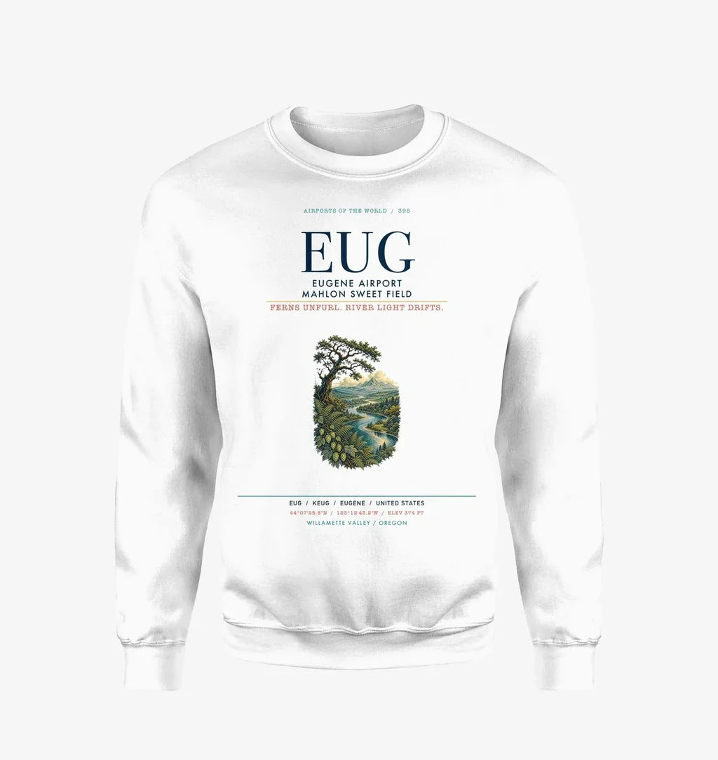 Eugene Airport Mahlon Sweet Field (EUG) design on white sweatshirt