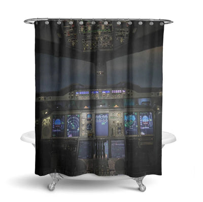 Airbus A380 Cockpit aviation design on waterproof polyester shower curtain.