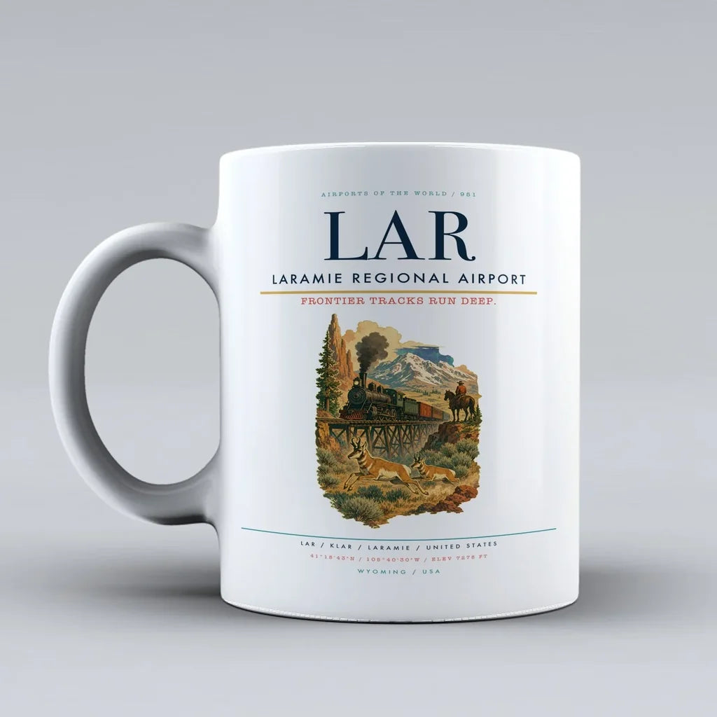 Laramie Regional Airport (LAR) airport code design on white ceramic mug
