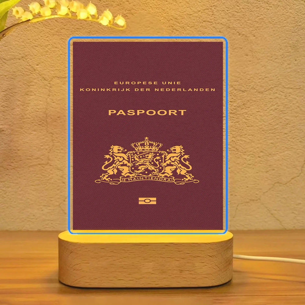 Netherlands Passport aviation design on premium acrylic with LED night lamp.