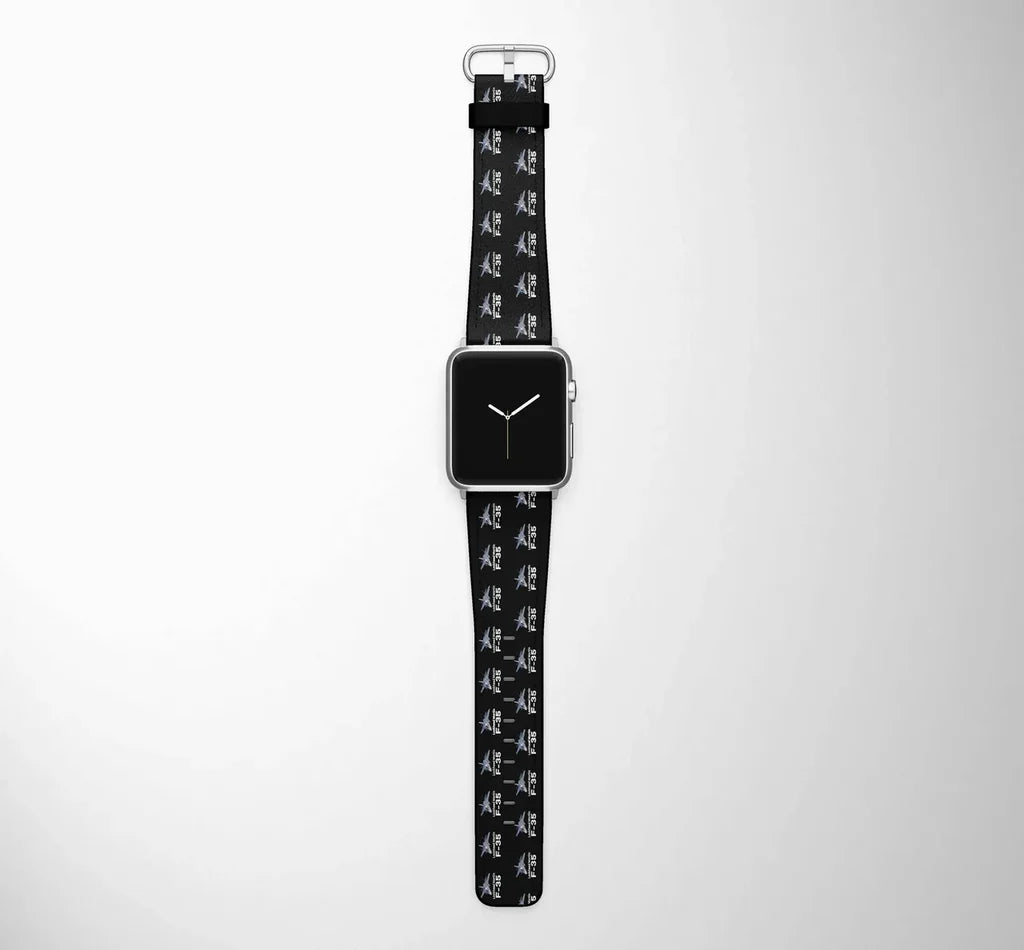 The Fighter Jet 35 Silhouette aviation Apple Watch strap, durable silicone body with engraved detail.