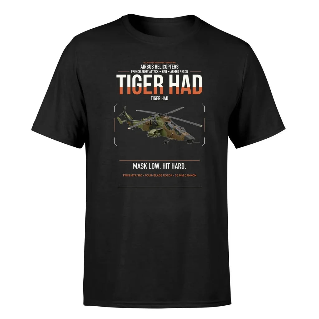 Airbus Helicopters Tiger HAD design on black t-shirt, single-side print