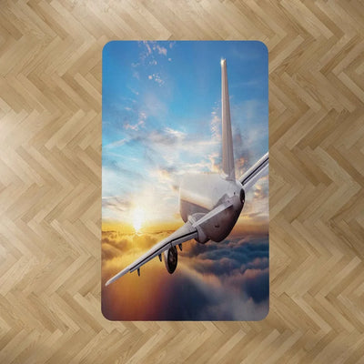 Airliner Jet Cruising over Clouds aviation print rectangle carpet floor mat, durable carpet pile with non-slip backing.