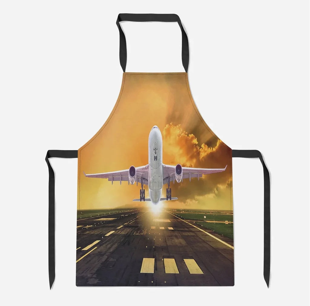 Amazing Departing Aircraft Sunset & Clouds Behind aviation design on durable cotton blend kitchen apron.
