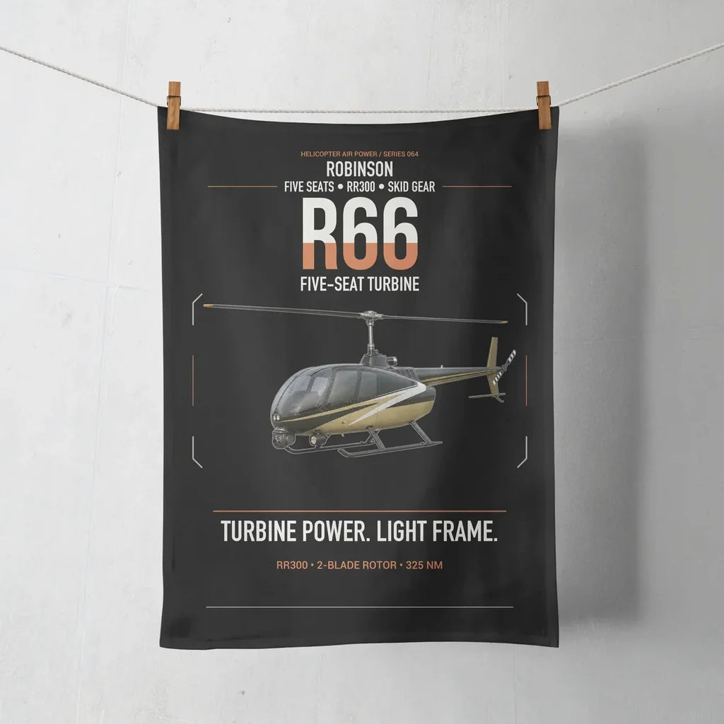 Robinson R66 design on black towel