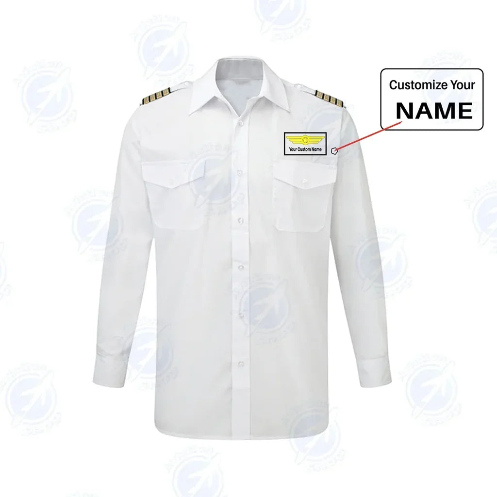 Custom & Name with EPAULETTES (Badge 1) aviation design printed on crisp poplin cotton long-sleeve pilot shirt.