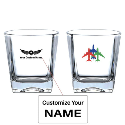 Colourful 3 Airplanes aviation design on whiskey glass, crystal-clear premium glassware.
