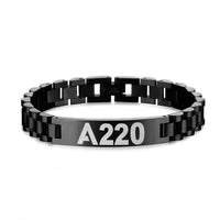 Thumbnail for Airbus A220 Flat Text aviation-themed chain bracelet, polished stainless steel.