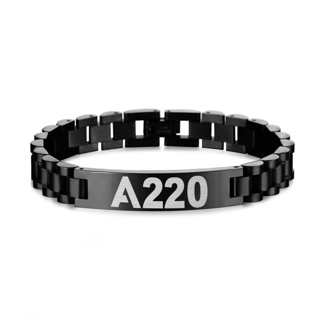 Airbus A220 Flat Text aviation-themed chain bracelet, polished stainless steel.