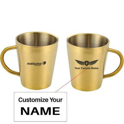 Malaysia Airlines aviation design on stainless coffee mug, durable stainless steel construction.