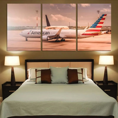 AA Boeing 767 Printed Canvas Posters (3 Pieces) aviation art 3-piece canvas print in premium canvas with wood.