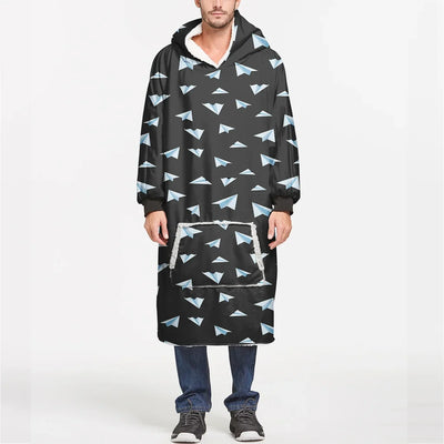 Paper Airplanes (Gray) aviation design on soft fleece blanket hoodie.