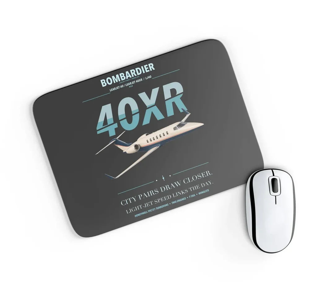 Bombardier Learjet 40XR design on black rectangle mouse pad