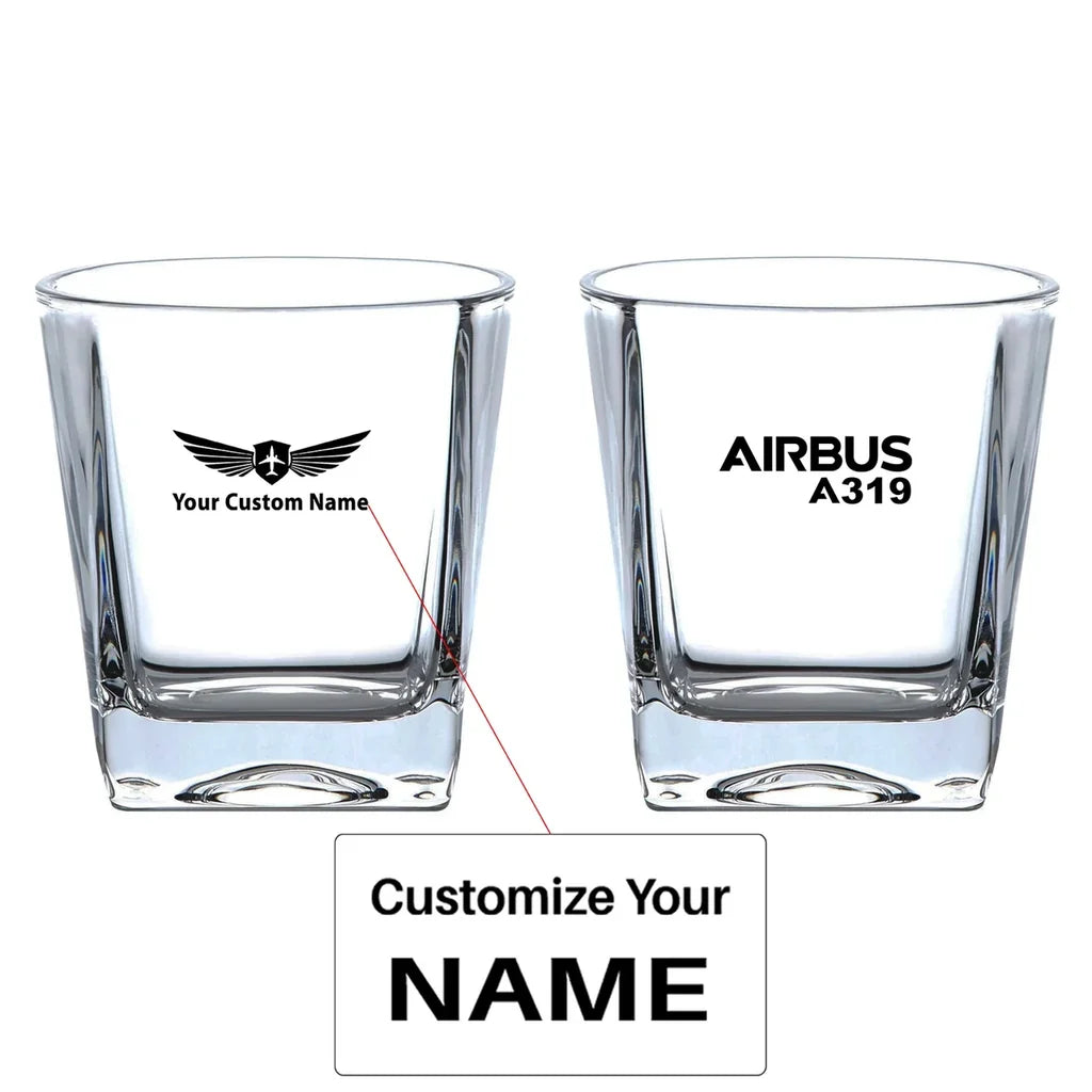 Airbus A319 & Text aviation design on whiskey glass, crystal-clear premium glassware.