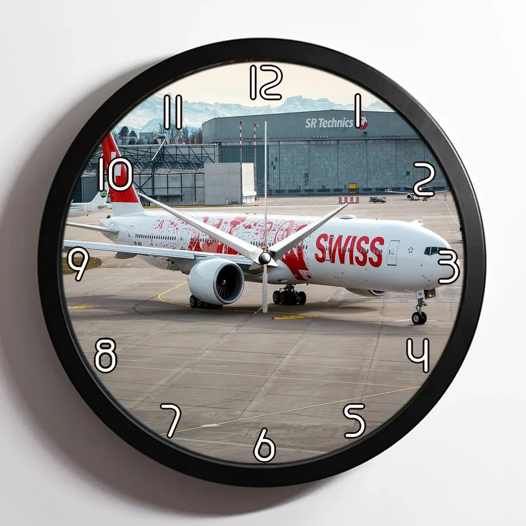 Swiss Airlines Boeing 777 aviation design on premium wood and metal wall clock.