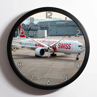Swiss Airlines Boeing 777 aviation design on premium wood and metal wall clock.