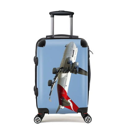 Departing Qantas Airlines Boeing 747 Cabin Size aviation print luggage, durable shell.