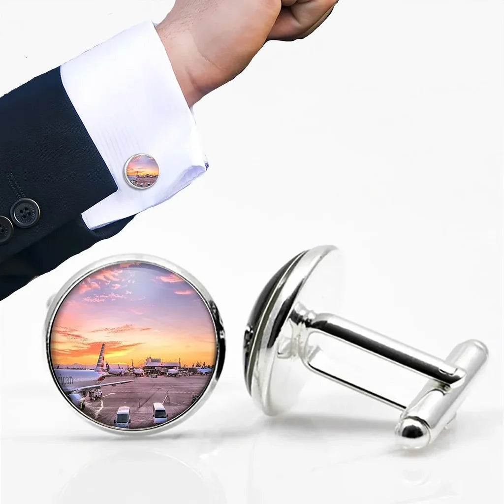 Airport Photo During Sunset aviation cuff links, polished metal body with engraved detail.