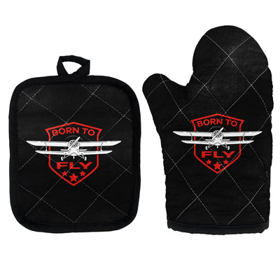 Born To Fly Kitchen Glove & Holder aviation design on durable fabric with insulated lining kitchen glove holder.