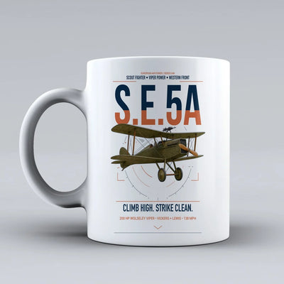 Royal Aircraft Factory S.E.5a design on white ceramic mug, double-side print