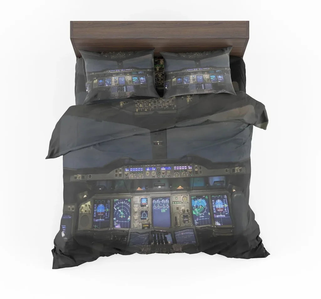 Airbus A380 Cockpit aviation print bedding set, soft cotton blend.