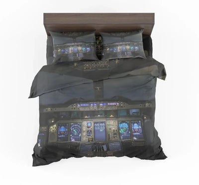 Airbus A380 Cockpit aviation print bedding set, soft cotton blend.