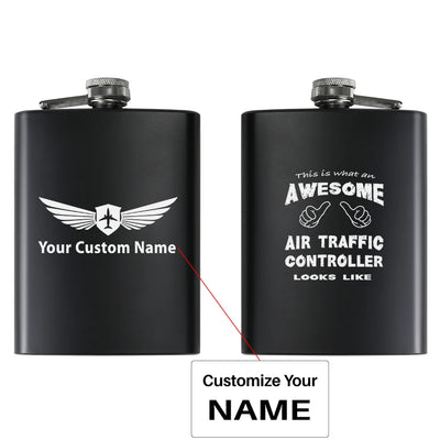 Air Traffic Controller aviation design on stainless hip flask, compact pocket-size flask.