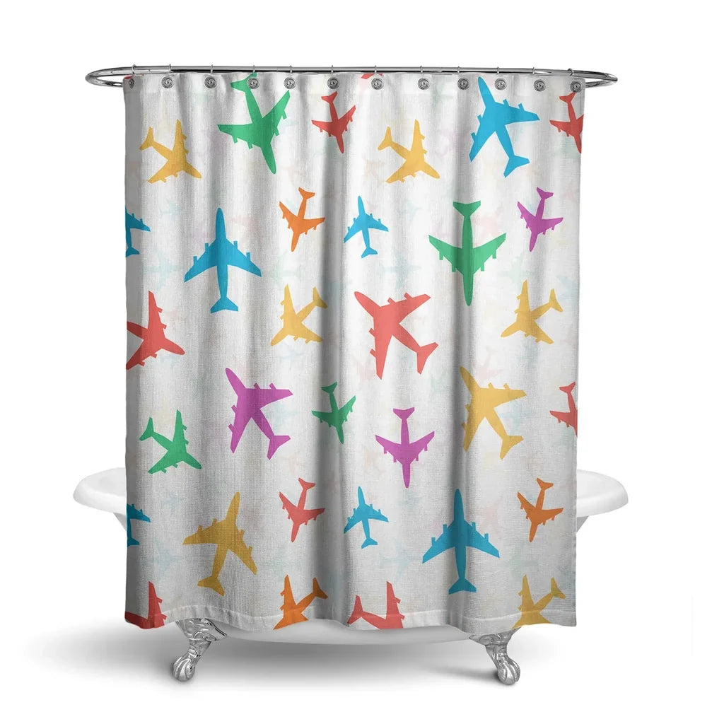 Cheerful aviation design on waterproof polyester shower curtain.